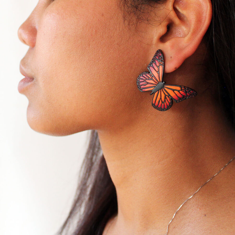 Wooden Stud Earrings Monarch Butterflies, Handmade, Black, Red and Orange, Fair trade, Lightweight