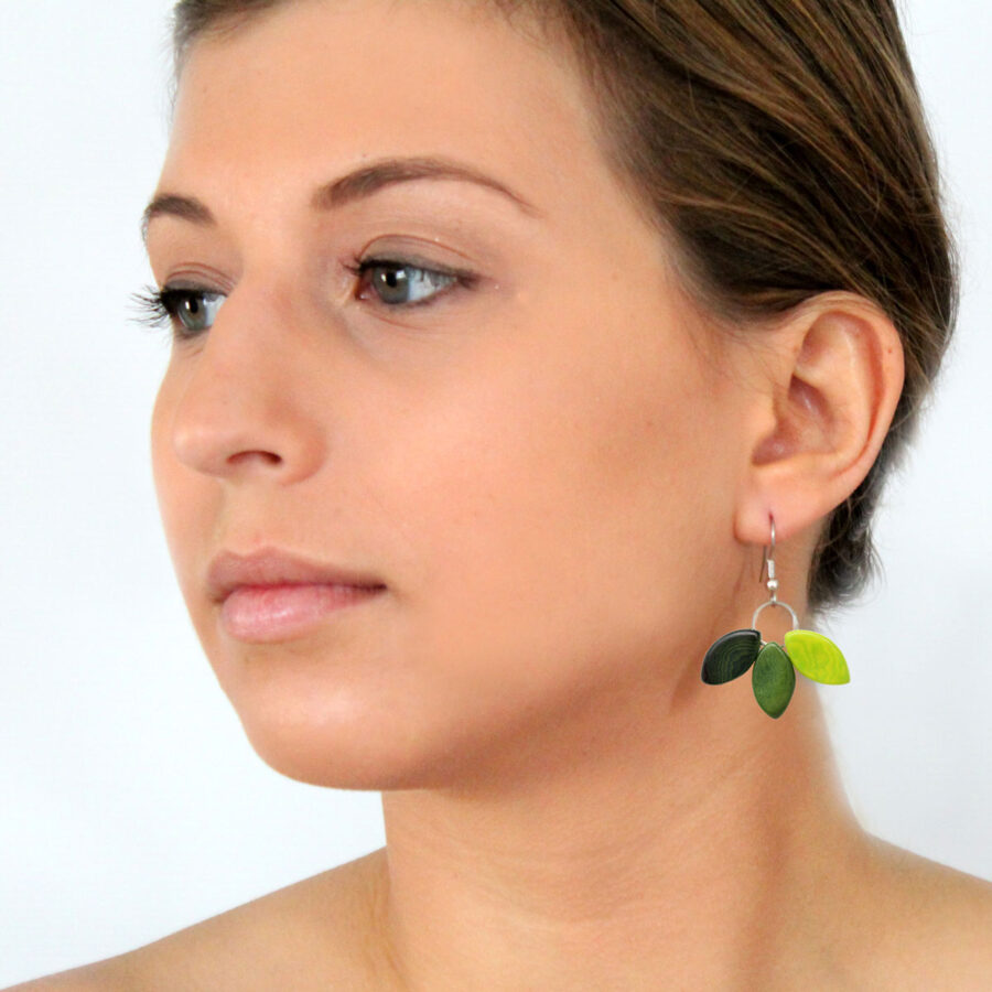 Tagua Earrings Leaves in Greens, Handmade Fairtrade, Lightweight