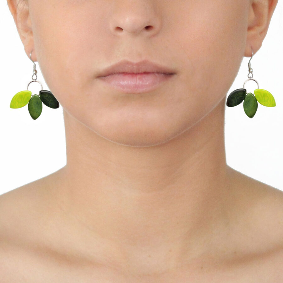 Tagua Earrings Leaves in Greens, Handmade Fairtrade, Lightweight