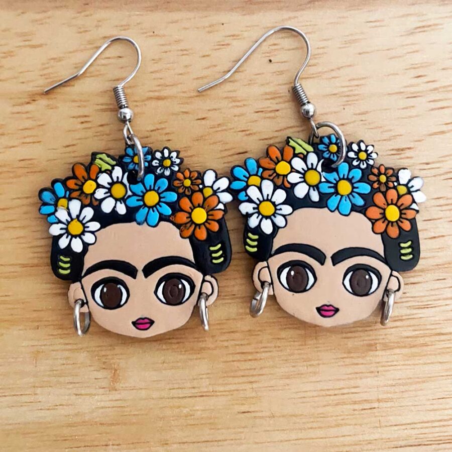 Wooden Earrings, Frida Kahlo, Handmade, Fairtrade, Lightweight