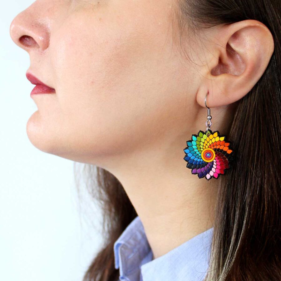 Wooden Earrings Handmade Mandalas Multicolor, Fairtrade Lightweight