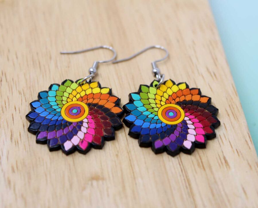 Wooden Earrings Handmade Mandalas Multicolor, Fairtrade Lightweight