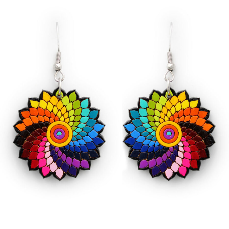 Wooden Earrings Handmade Mandalas Multicolor, Fairtrade Lightweight